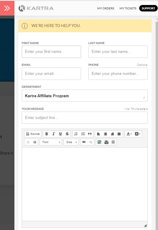 kartra affiliate support team contact section