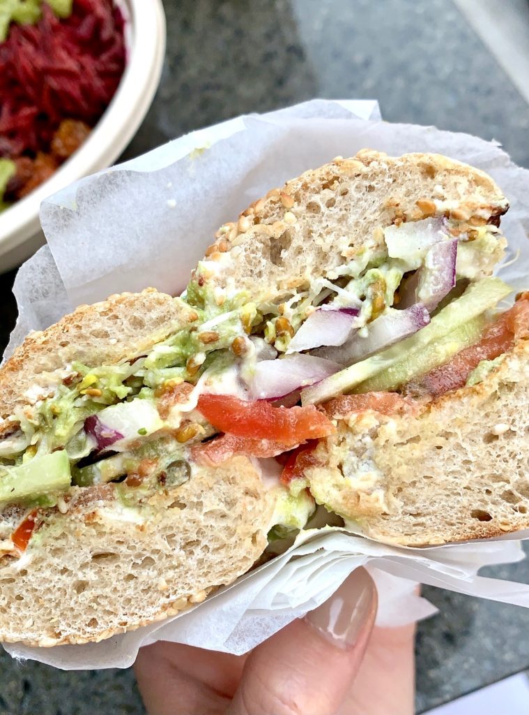 Loaded vegan bagel at Juice Ranch in Santa Barbara.