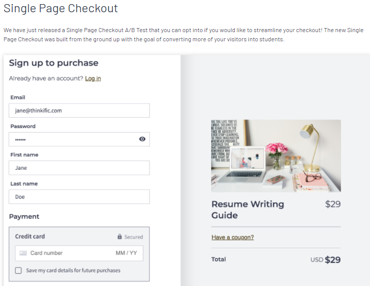 Thinkific_single page checkout