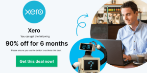 Person using a laptop with Xero logo and robot illustration, promoting 90% off Xero discount for 6 months – exclusive verified promo code for new users.