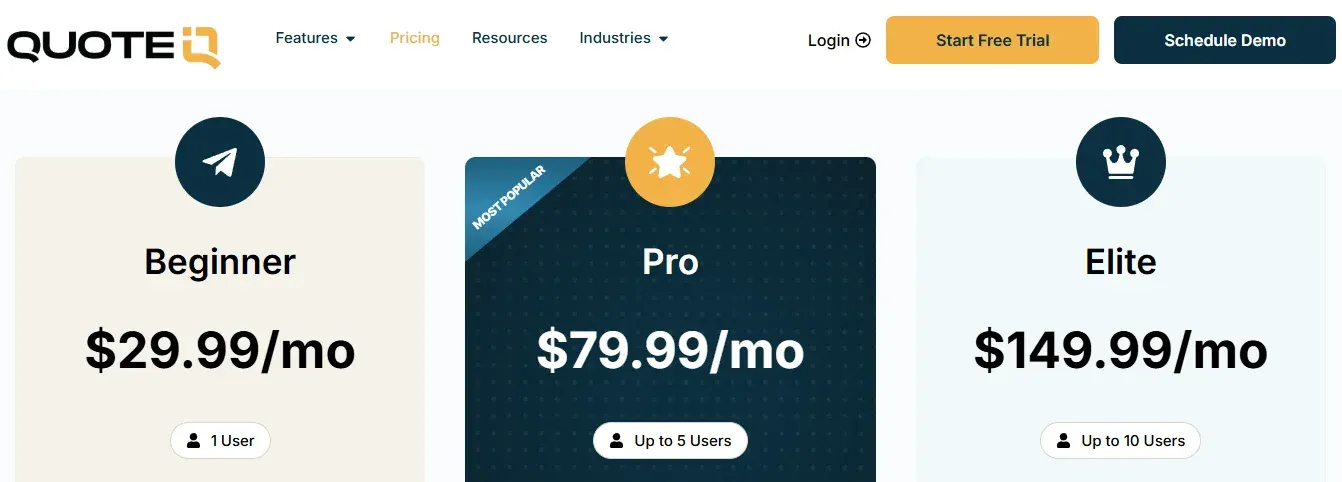 QuoteIQ Pricing Table