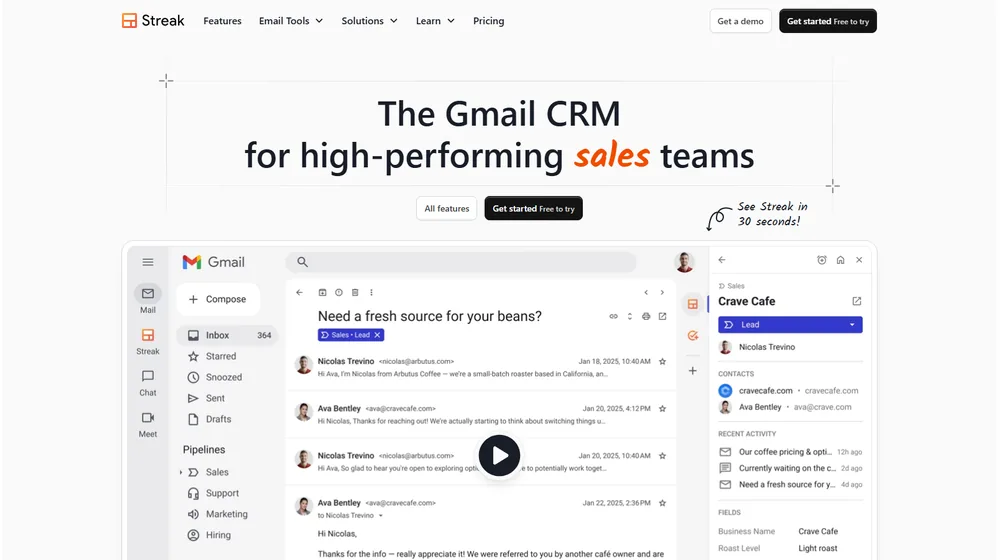Streak - CRM for Gmail dashboard